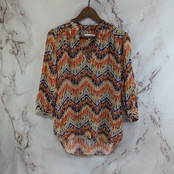 Amanda Uprichard Top Womens Small Orange Silk Chevron Popover Quarter Sleeve - Picture 1 of 10